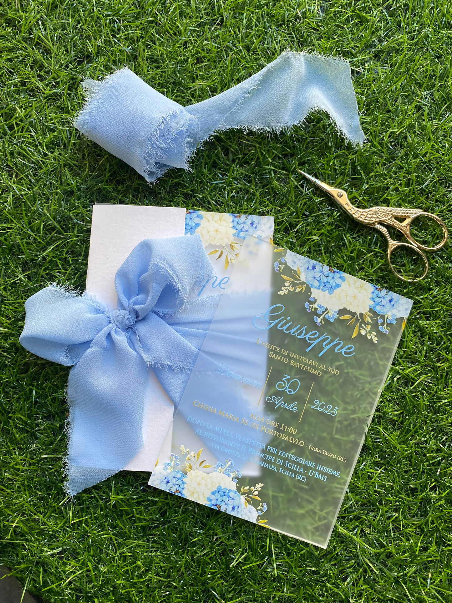 Invito in plexiglass lightblue ortensie